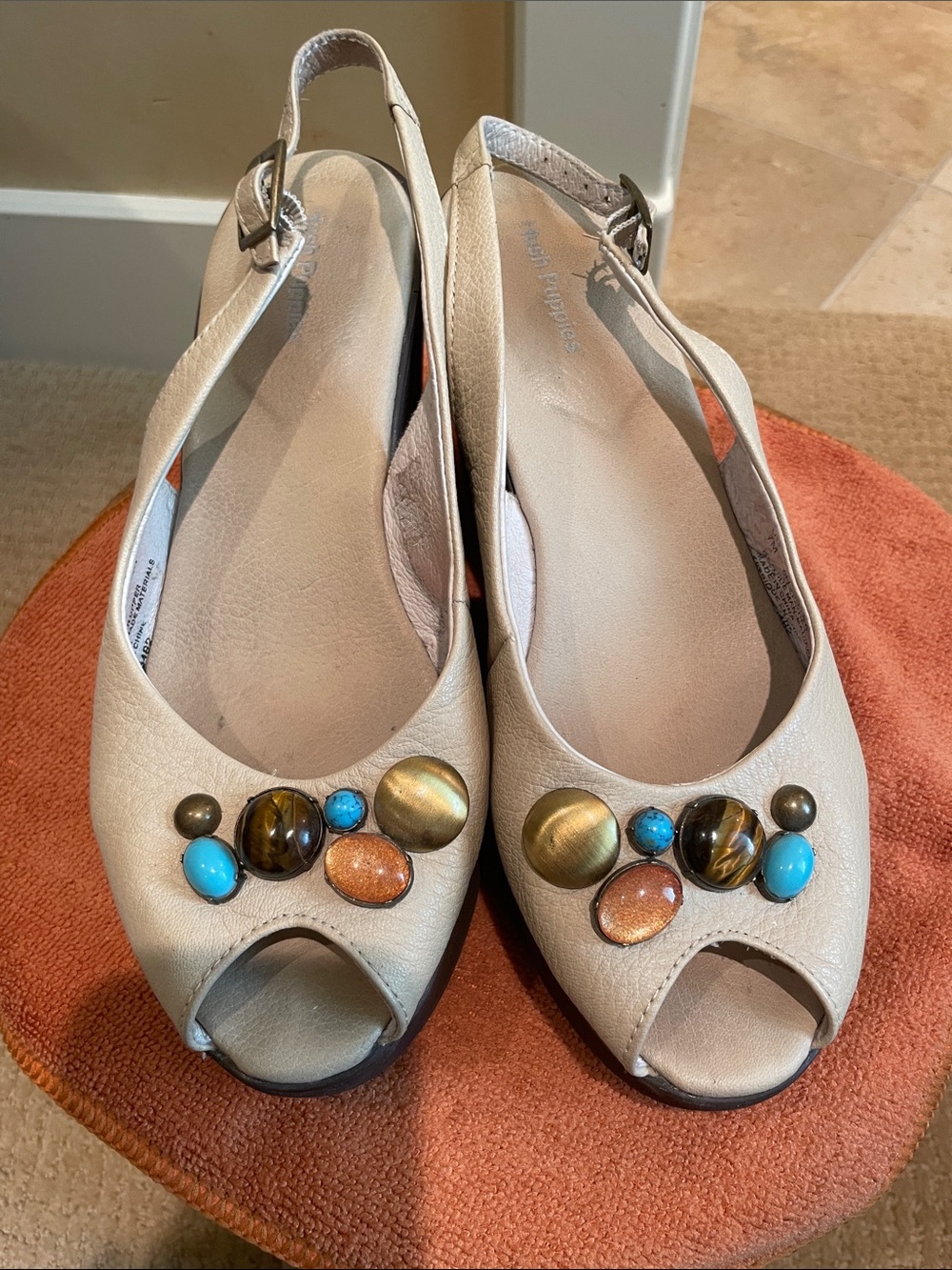 Hush Puppies Cream Peep-Toe Slingback Wedges with Multicolor Gem Accents
